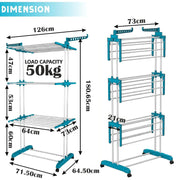 Homifly 4 Tier Stainless Steel Clothes Drying Stand/Cloth Dryer for Balcony/Indoor/Outdoor/Space Saving Cloth Hanger Stand with 24 Rods/Big Foldable Laundry Rack with Wheels (Blue)