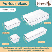 HOMIFLY Set of 5 Drawer Organiser Multi-Purpose Storage Boxes (Clear Transparent)