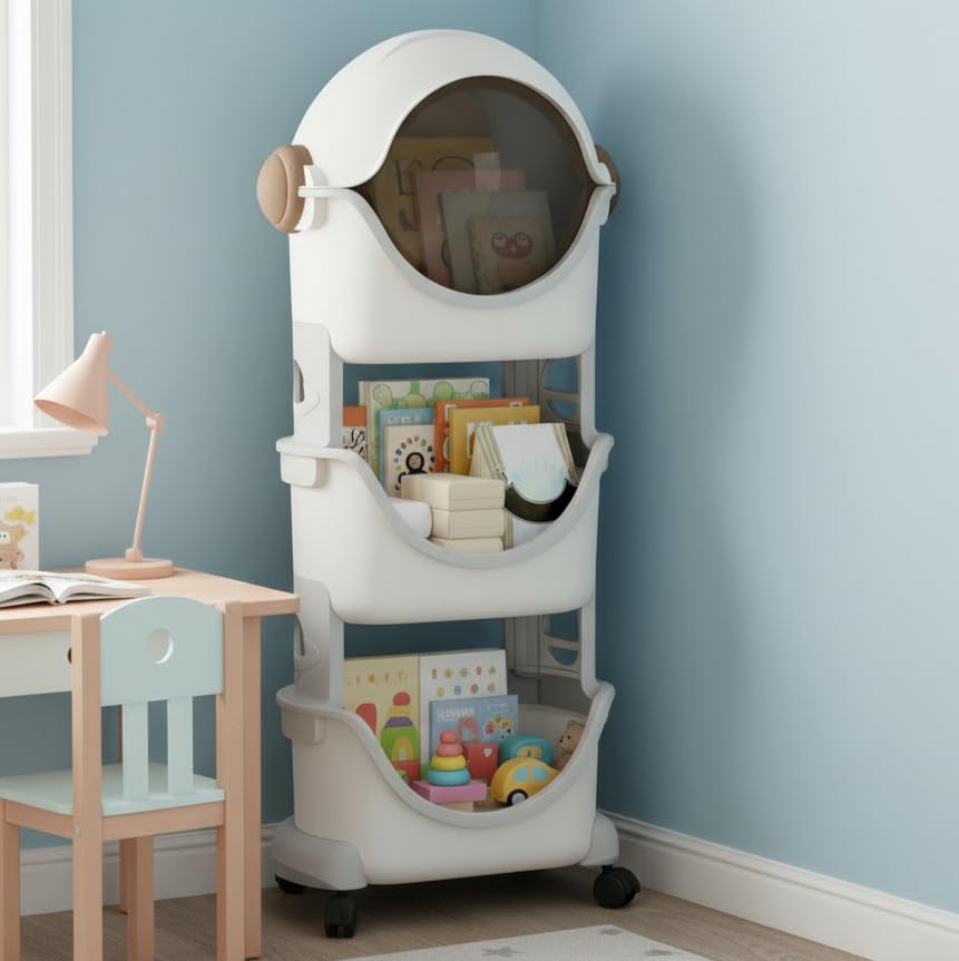 HOMIFLY Spaceman Storage Organizer for Kid|Storage Box with 360-degree Rotating Wheels (Ivory & Grey)