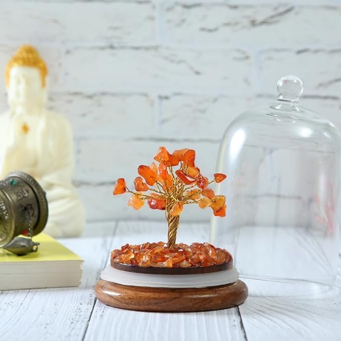 Original Certified Red Carnelian Crystal Tree with Glass Dome-Red