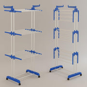 Homifly 4 Tier Stainless Steel Clothes Drying Stand/Cloth Dryer for Balcony/Indoor/Outdoor/Space Saving Cloth Hanger Stand with 24 Rods/Big Foldable Laundry Rack with Wheels (Blue)