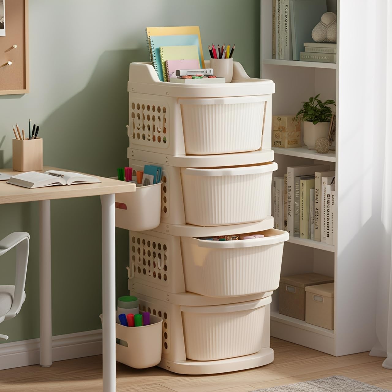 Homifly Plastic Storage Drawer Cabinet with Wheels/Modular Storage Organizer with Side Basket & Integrated Handle (Ivory)