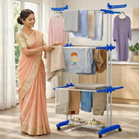 Homifly 4 Tier Stainless Steel Clothes Drying Stand|Space Saving Cloth Hanger Stand with 24 Rods (Blue)