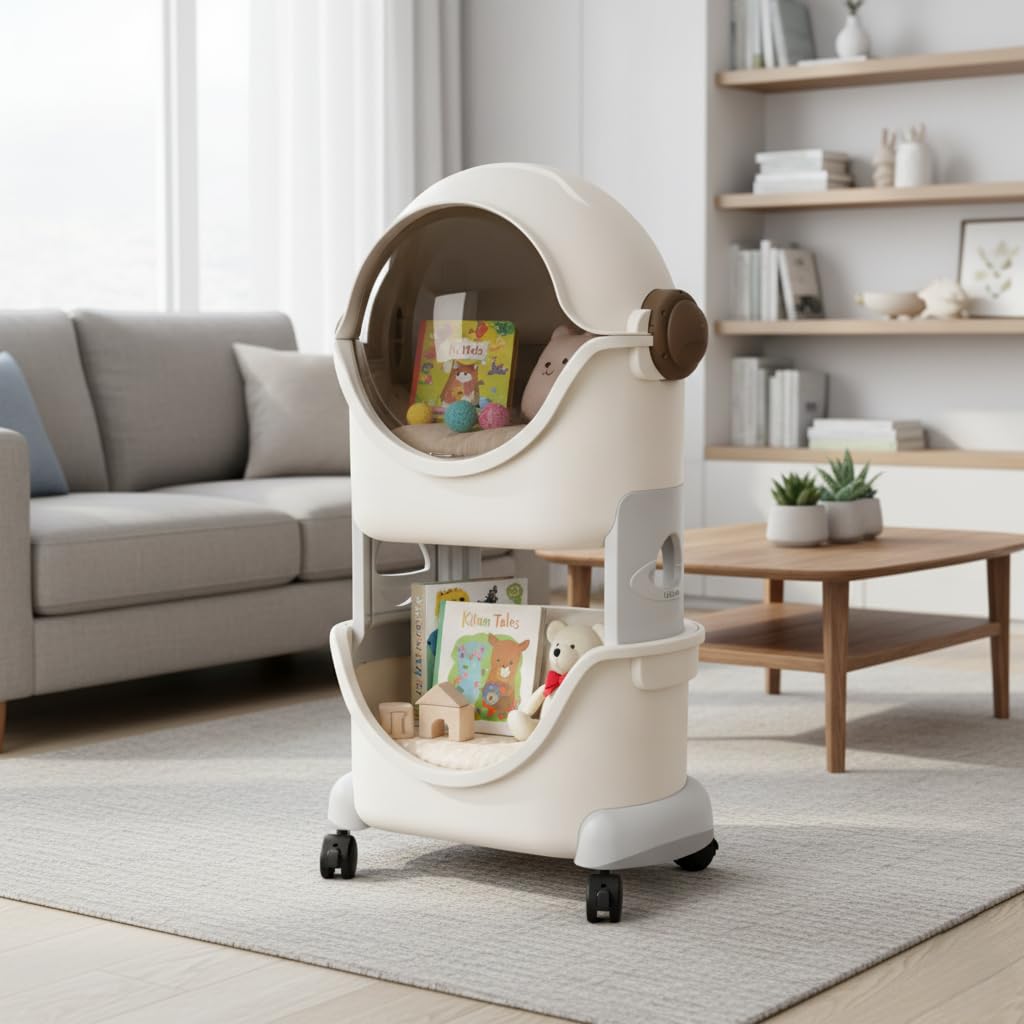 HOMIFLY Spaceman Storage Organizer for Kid|Storage Box with 360-degree Rotating Wheels (Ivory & Grey)