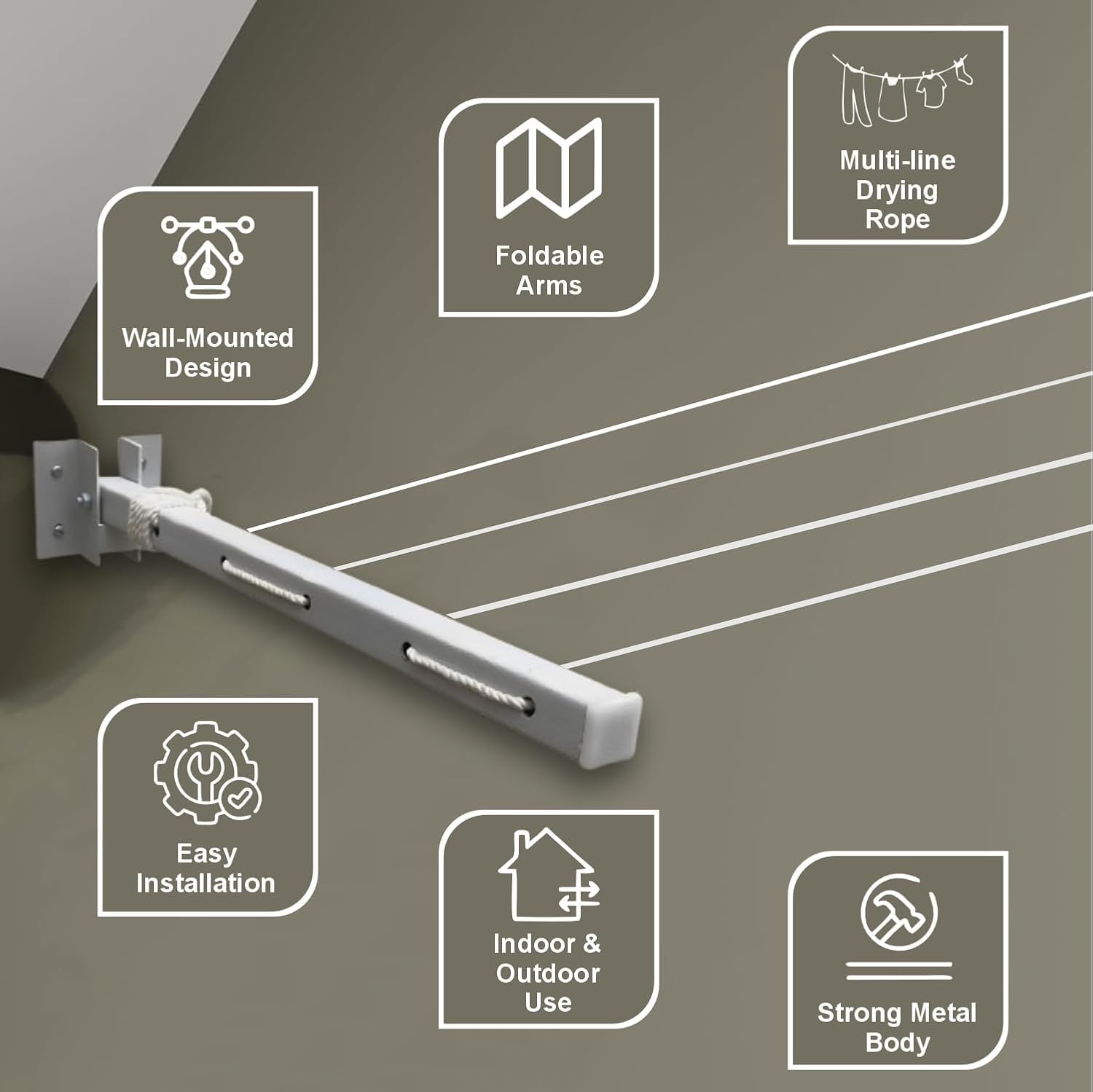 Homifly Metal Foldable Wall Mount Cloth Drying Stand with 30 Feet Rope|Space Saving Rack