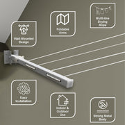 Homifly Metal Foldable Wall Mount Cloth Drying Stand with 30 Feet Rope/Wall Hanging Clothes Dryer Rack for Balcony & Indoor Use/Space Saving Wall Mounted Laundry Hanger(Silver)