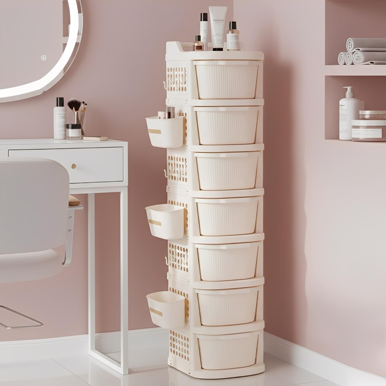 Homifly Plastic Storage Drawer Cabinet with Wheels/Modular Storage Organizer with Side Basket & Integrated Handle (Ivory)