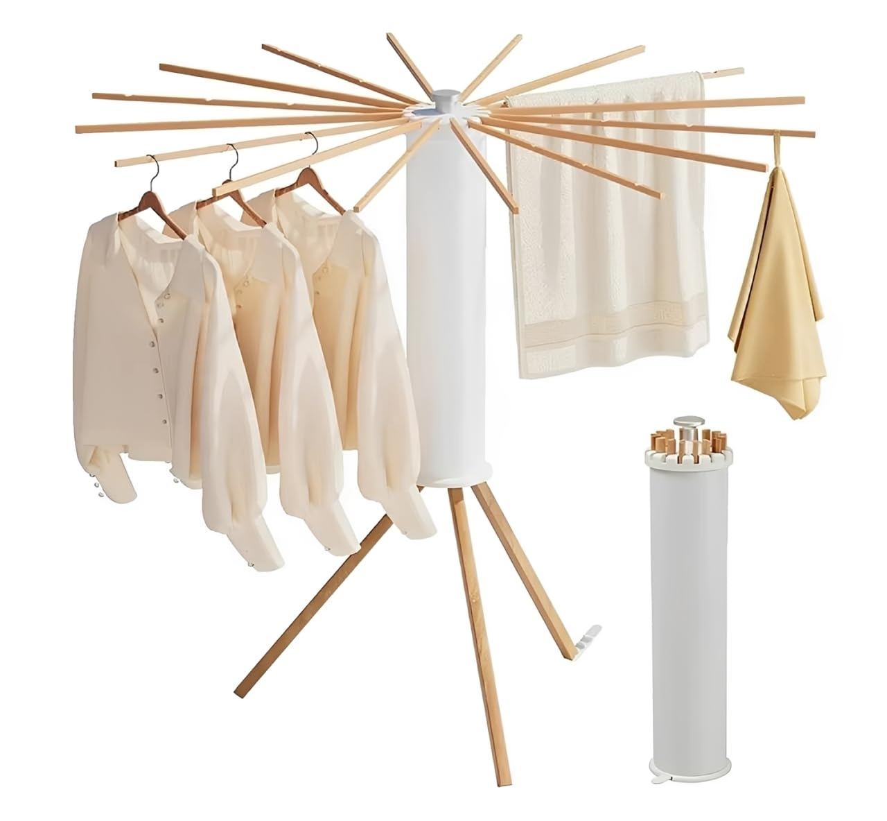 Homifly 360° Rotating Cloth Drying Rack|16 Wooden Foldable Cloth Hanging Stick (White)