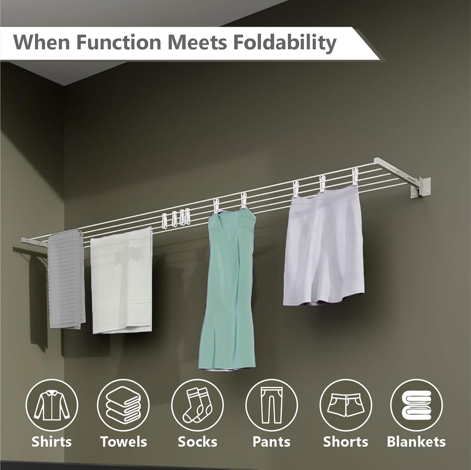 Homifly Metal Foldable Wall Mount Cloth Drying Stand with 30 Feet Rope|Space Saving Rack