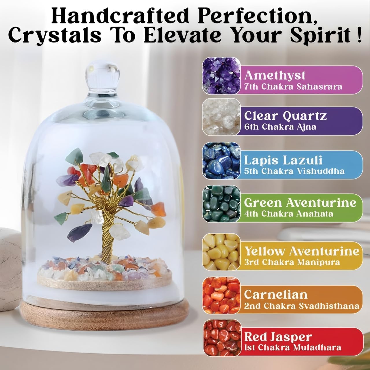 Homifly Original Certified Chakra Crystal Tree with Glass Dome|Natural Healing Gemstone Bonsai for Meditation/Wealth/Vaastu/Office/Desk/Decor Gifts