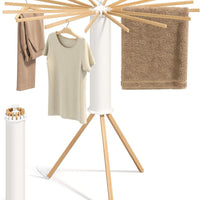 Homifly 360° Rotating Cloth Drying Rack|16 Wooden Foldable Cloth Hanging Stick (White)