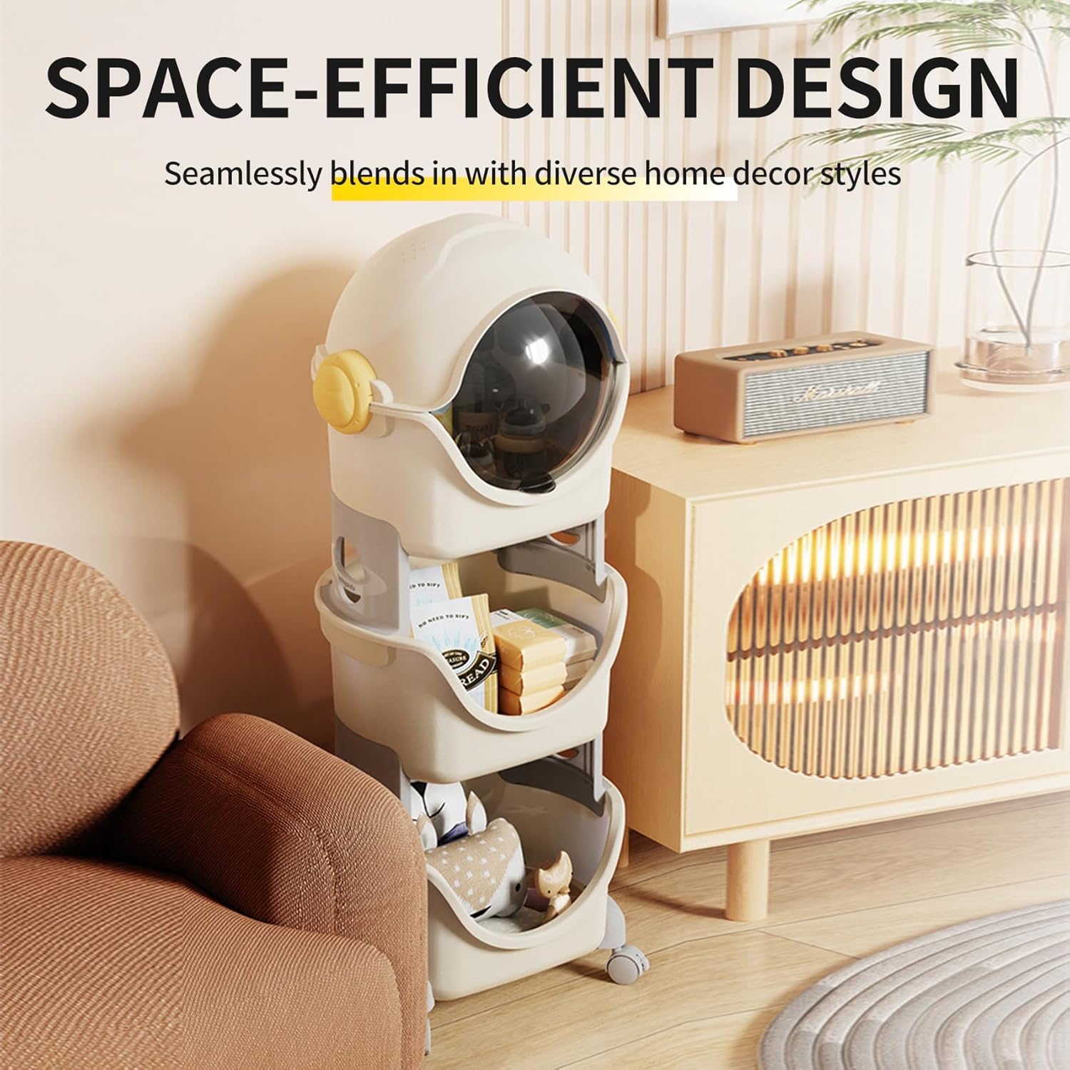 HOMIFLY Spaceman Storage Organizer for Kid|Storage Box with 360-degree Rotating Wheels (Ivory & Grey)