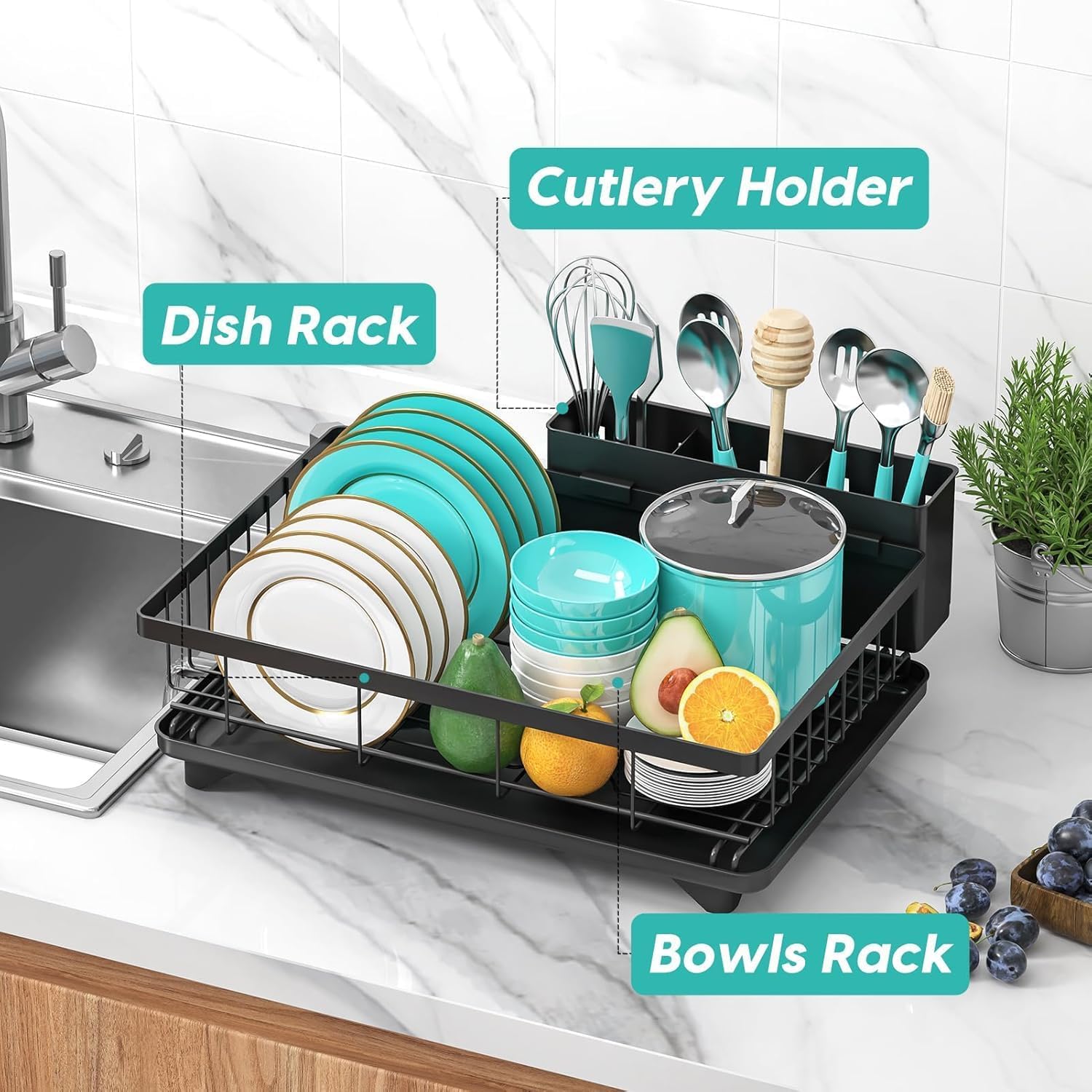 Anti-Rust Dish Drying Rack with Cutlery Holder & Drainer Tray
