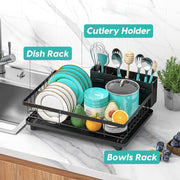 JD FRESH Dish Drying Rack with Drainer Tray | Steel Bartan Stand for Kitchen | Anti-Rust, Smart Drain Outlet | Detachable Cutlery Holder | Countertop Utensils Organizer | Black (42x32x13 CM)