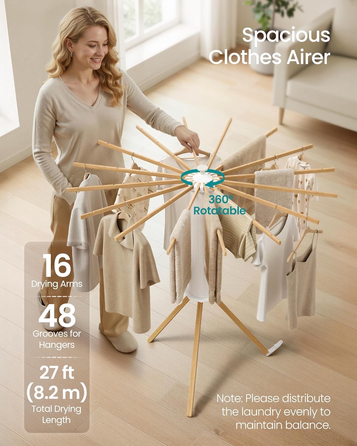 Homifly 360° Rotating Cloth Drying Rack|16 Wooden Foldable Cloth Hanging Stick (White)
