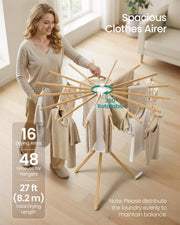 Homifly 360° Rotating Cloth Drying Rack/16 Wooden Foldable Cloth Hanging Stick/Space Saving Stand for Cloth Drying/Tripod Portable Laundry Hanger for Balcony/Bathroom (White)