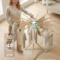 Homifly 360° Rotating Cloth Drying Rack|16 Wooden Foldable Cloth Hanging Stick (White)