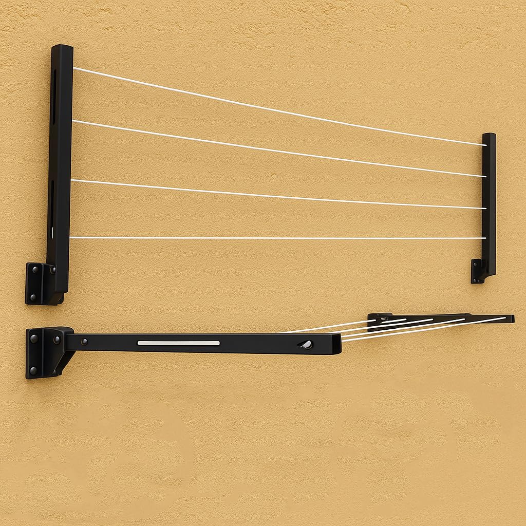 Homifly Metal Foldable Wall Mount Cloth Drying Stand with 30 Feet Rope|Space Saving Rack
