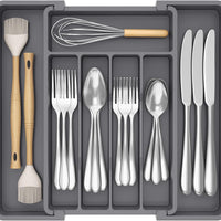 Homifly Expandable Slider Drawer Organizer/Kitchen Cutlery Tray/Plastic Storage Tray Kitchen Organization/Adjustable Cutlery & BPA Free Flatware Holder for Spoons, Forks, Knives/Grey (Pack of 1)