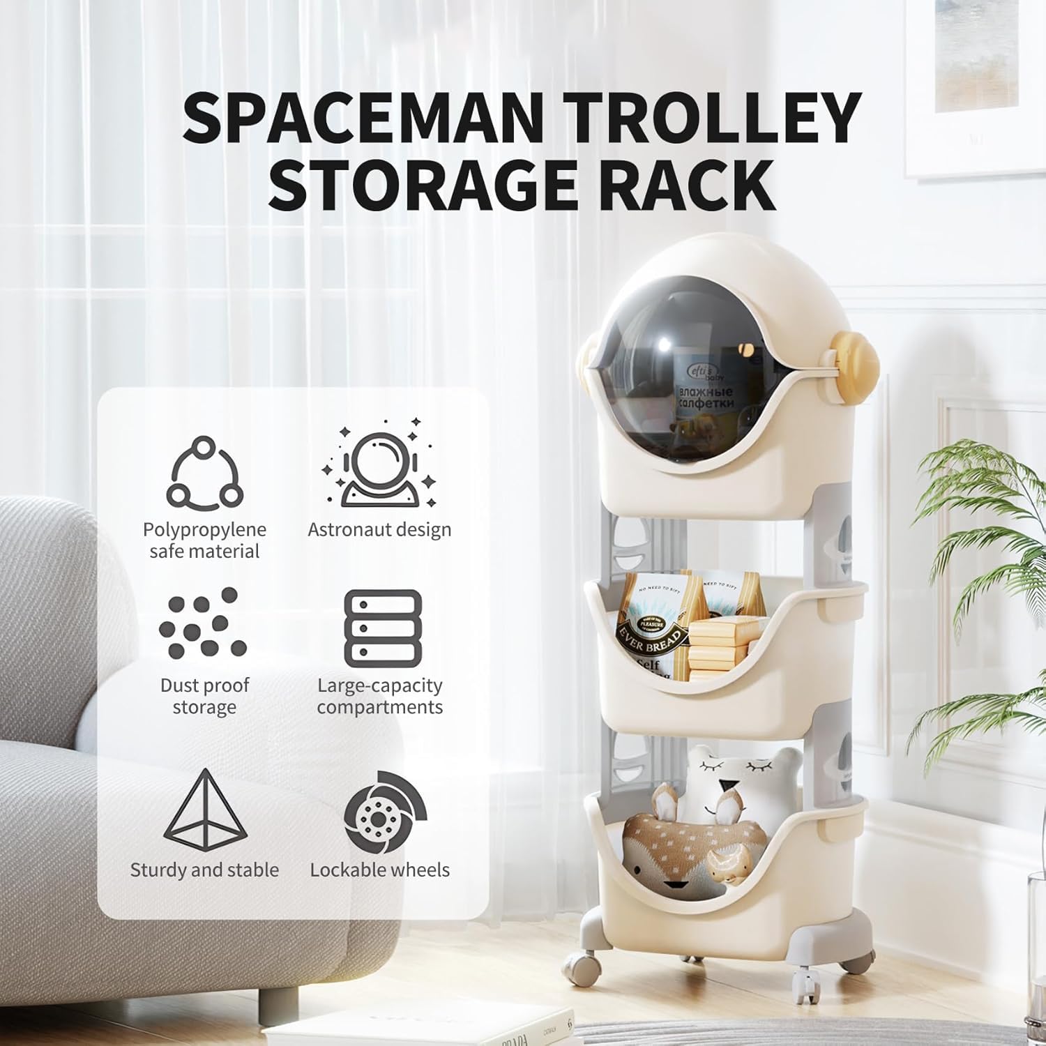 HOMIFLY Spaceman Storage Organizer for Kid|Storage Box with 360-degree Rotating Wheels (Ivory & Grey)
