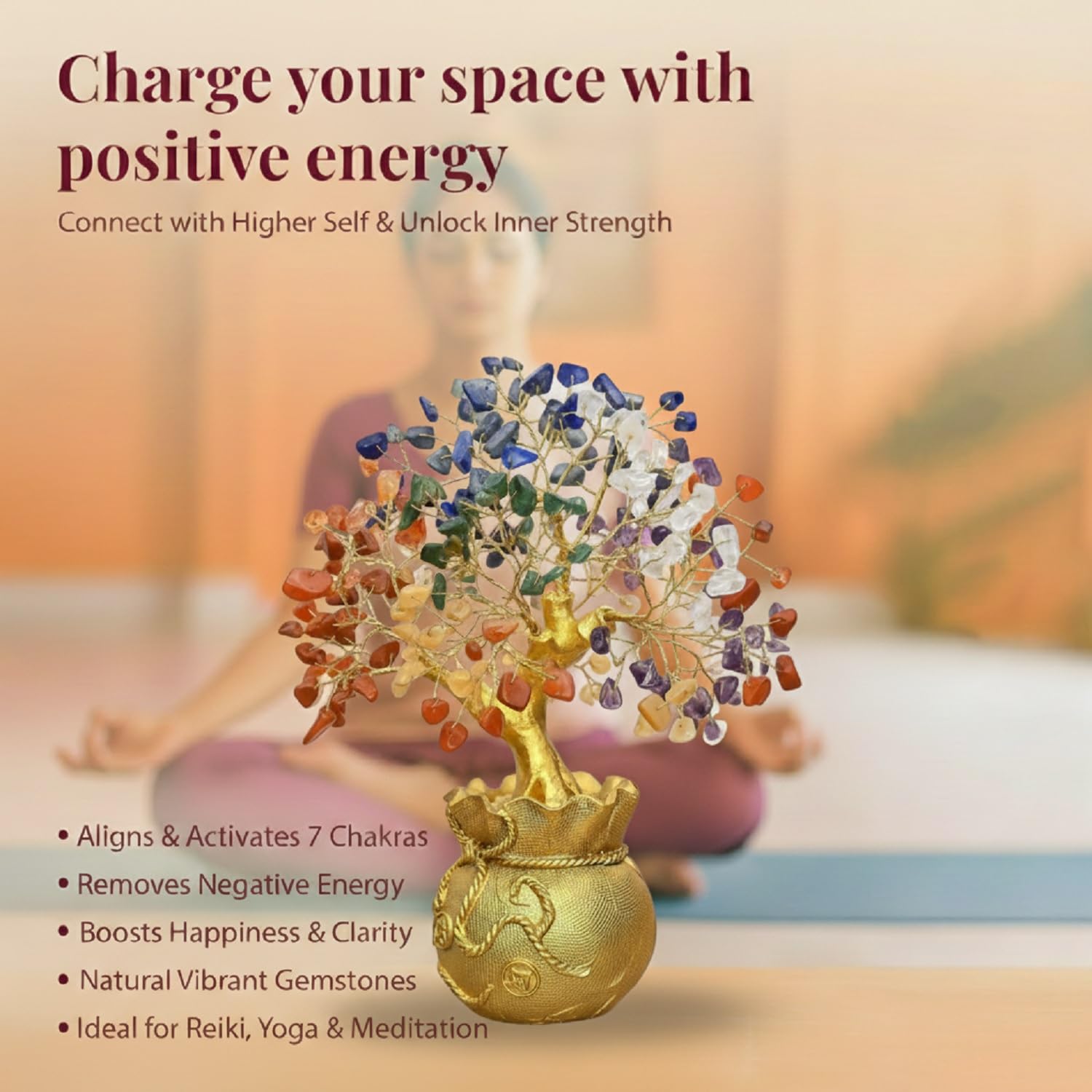 Feng Shui 7 Chakra Crystal Tree with Golden Money Bag Base