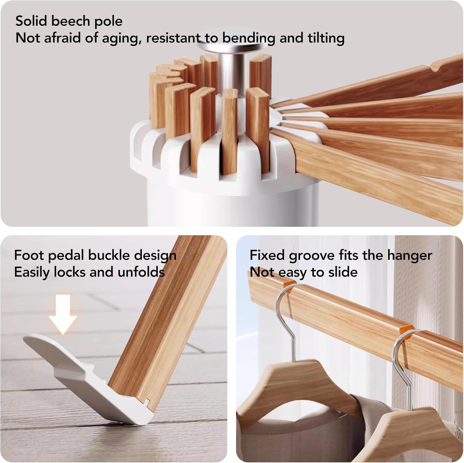 Homifly 360° Rotating Cloth Drying Rack|16 Wooden Foldable Cloth Hanging Stick (White)