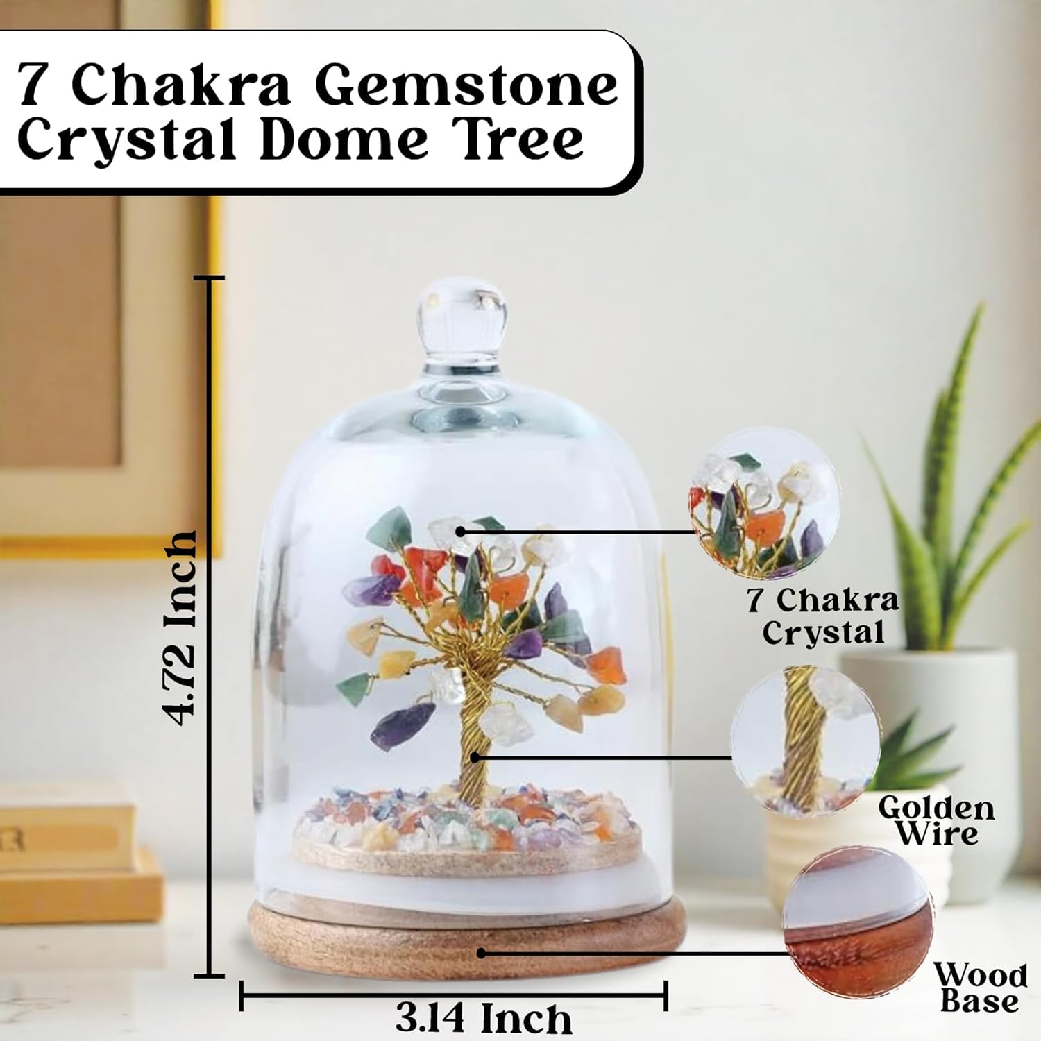 Homifly Original Certified Chakra Crystal Tree with Glass Dome|Natural Healing Gemstone Bonsai for Meditation/Wealth/Vaastu/Office/Desk/Decor Gifts
