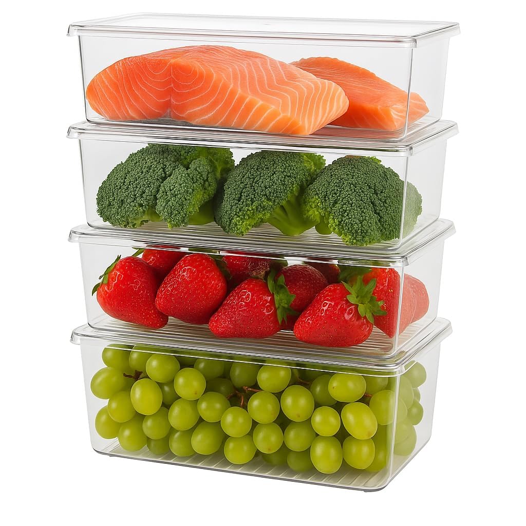 Homifly 1500ML Fridge Storage Containers Set of 6 with Removable Drain Plate & Lid | Leak-Proof Stackable Refrigerator Organizer Boxes for Vegetables, Fruits, Snacks|BPA Free, Easy to Clean& Reusable