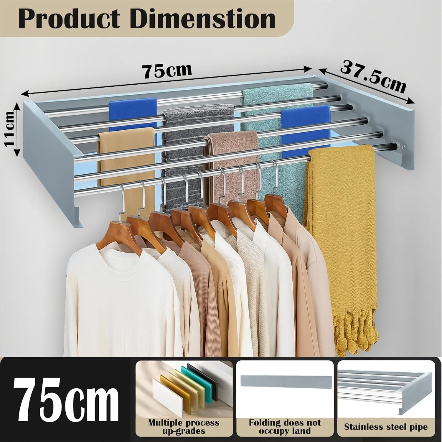 Homifly Metal Foldable Wall Mount Cloth Drying Stand with 5 Rods | Indoor | Outdoor