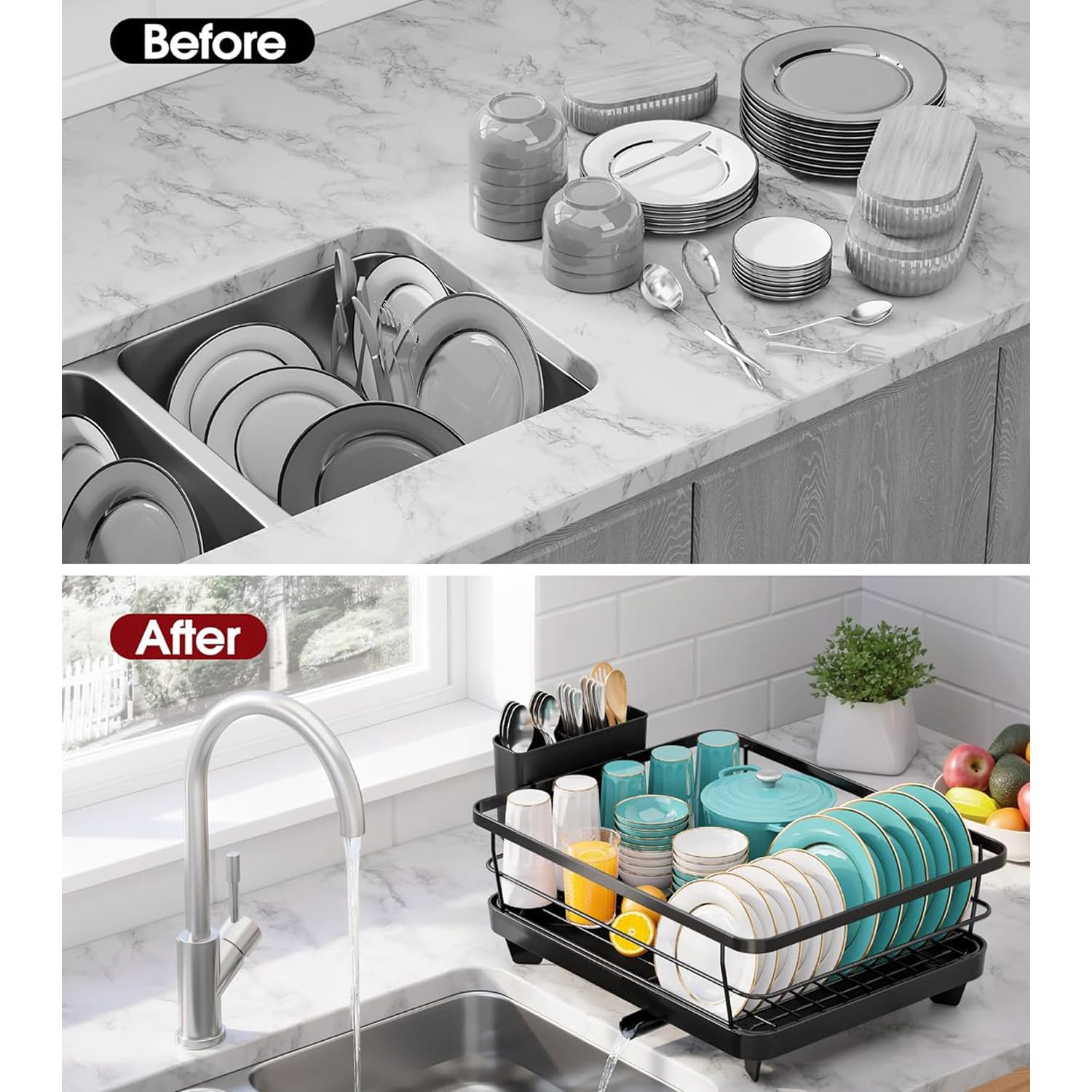 Anti-Rust Dish Drying Rack with Cutlery Holder & Drainer Tray