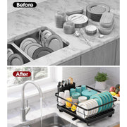 JD FRESH Dish Drying Rack with Drainer Tray | Steel Bartan Stand for Kitchen | Anti-Rust, Smart Drain Outlet | Detachable Cutlery Holder | Countertop Utensils Organizer | Black (42x32x13 CM)