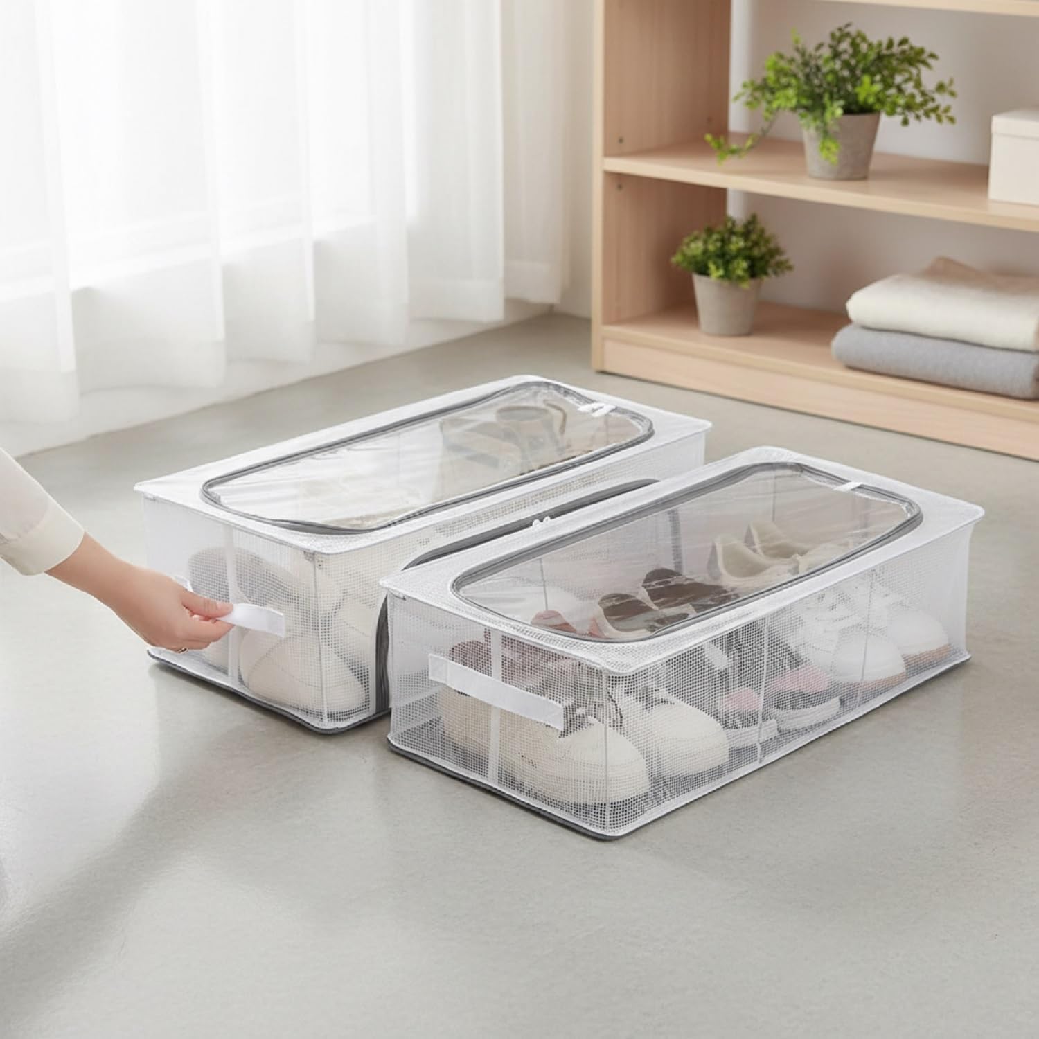 Foldable Shoe Storage organizer Box with Handle & Zippers