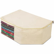 JD FRESH 4 Pack Canvas Cotton Blouse Organizer for Wardrobe/Transparent Blouse Covers for Storage/Dust Proof Blouse Storage Bags with Zipper/Saree & Blouse Cover for Women (38x25x17 cm/Off White)