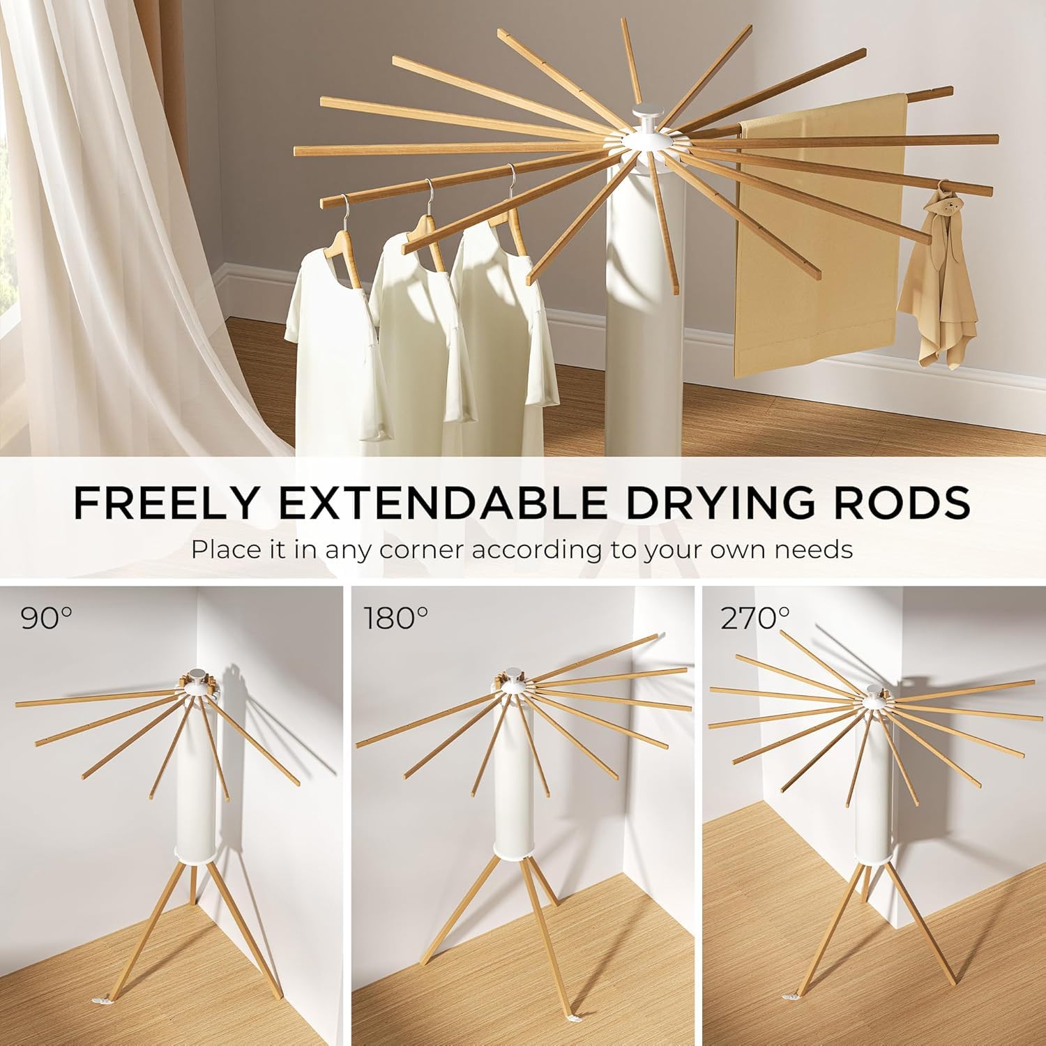 Homifly 360° Rotating Cloth Drying Rack|16 Wooden Foldable Cloth Hanging Stick (White)