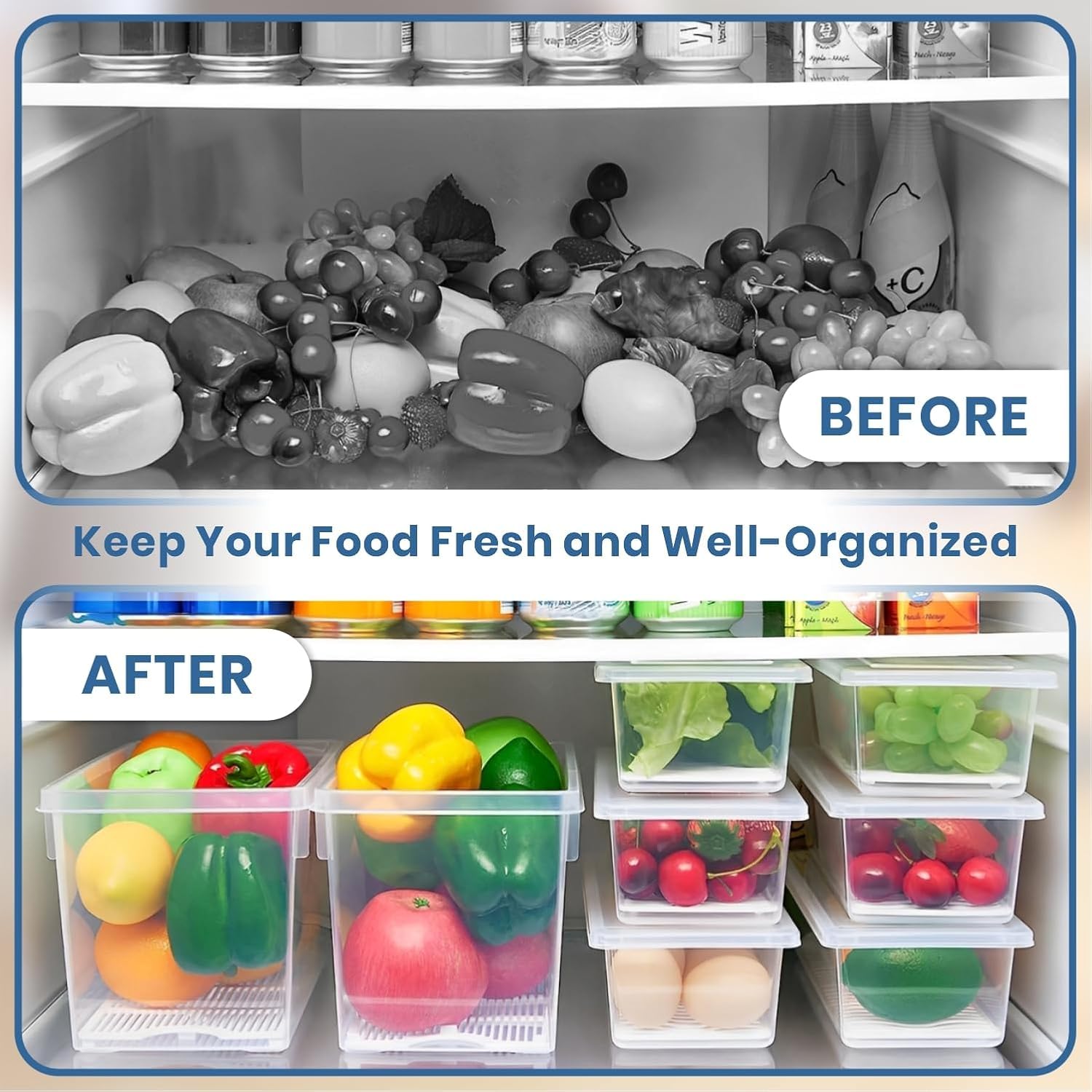 Homifly 1500ML Fridge Storage Containers Set of 6 with Removable Drain Plate & Lid | Leak-Proof Stackable Refrigerator Organizer Boxes for Vegetables, Fruits, Snacks|BPA Free, Easy to Clean& Reusable