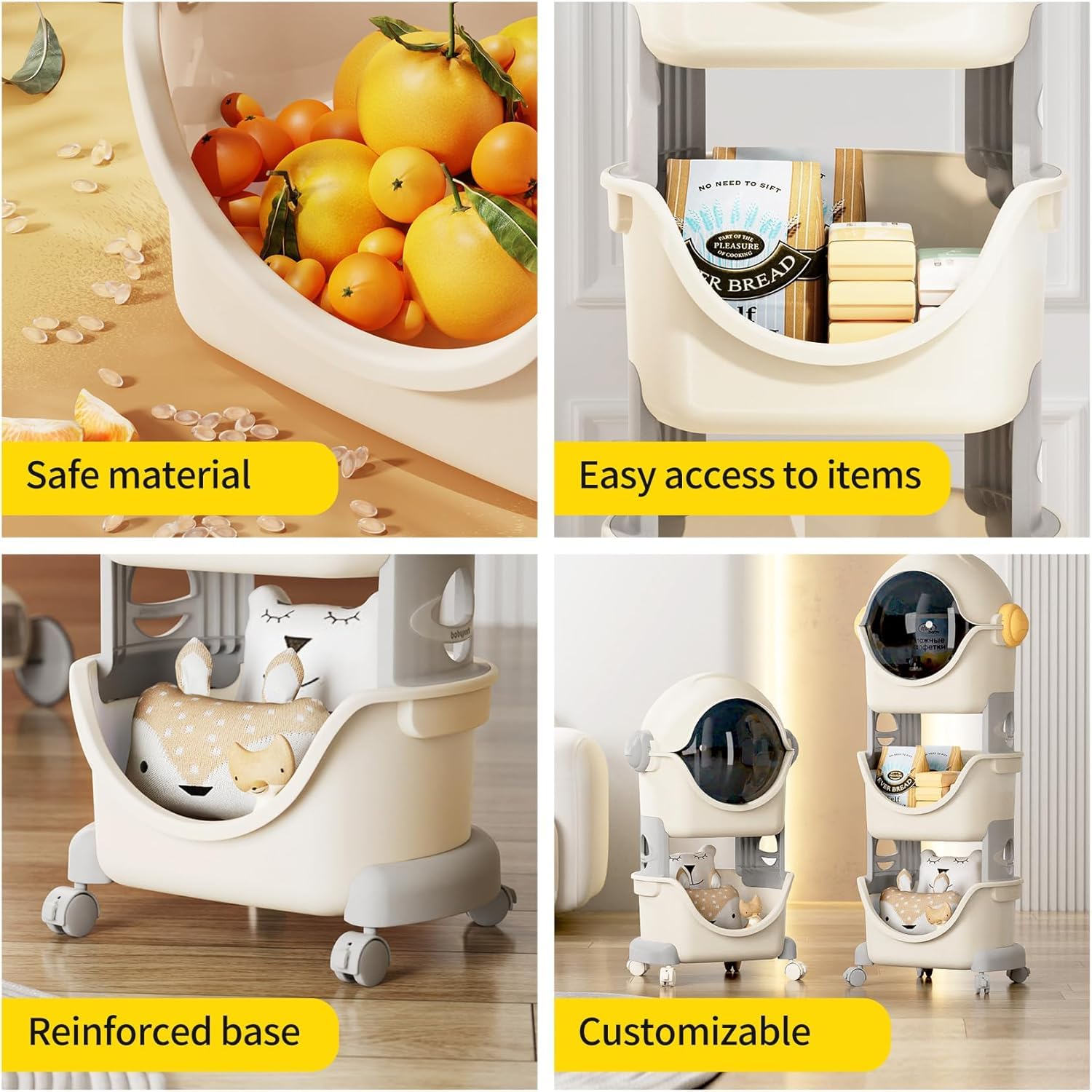 HOMIFLY Spaceman Storage Organizer for Kid|Storage Box with 360-degree Rotating Wheels (Ivory & Grey)