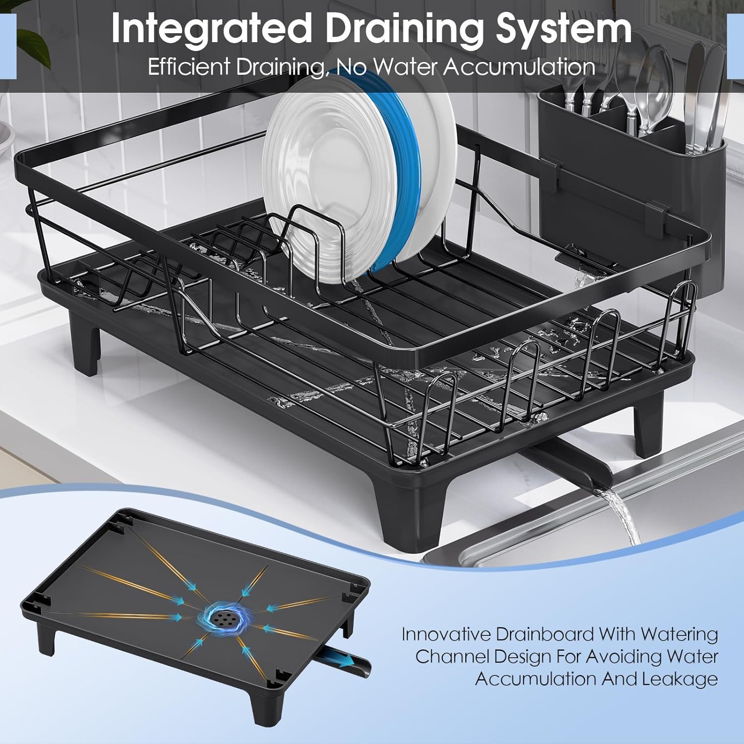 Anti-Rust Dish Drying Rack with Cutlery Holder & Drainer Tray