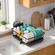 JD FRESH Dish Drying Rack with Drainer Tray | Steel Bartan Stand for Kitchen | Anti-Rust, Smart Drain Outlet | Detachable Cutlery Holder | Countertop Utensils Organizer | Black (42x32x13 CM)