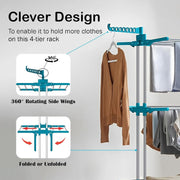 Homifly 4 Tier Stainless Steel Clothes Drying Stand/Cloth Dryer for Balcony/Indoor/Outdoor/Space Saving Cloth Hanger Stand with 24 Rods/Big Foldable Laundry Rack with Wheels (Blue)