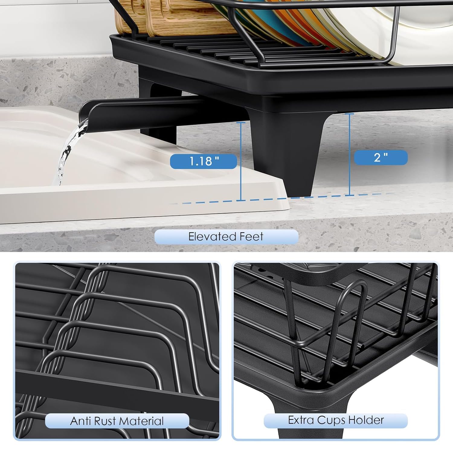 Anti-Rust Dish Drying Rack with Cutlery Holder & Drainer Tray
