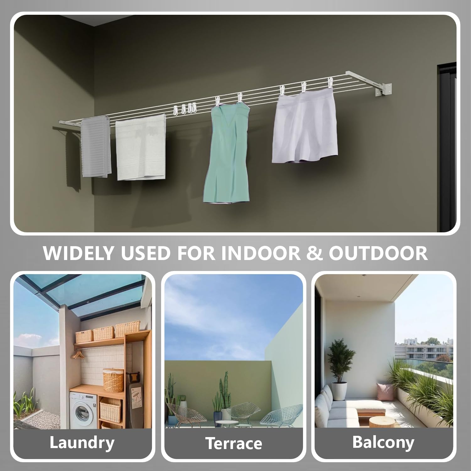 Homifly Metal Foldable Wall Mount Cloth Drying Stand with 30 Feet Rope|Space Saving Rack