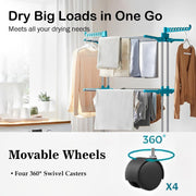 Homifly 4 Tier Stainless Steel Clothes Drying Stand/Cloth Dryer for Balcony/Indoor/Outdoor/Space Saving Cloth Hanger Stand with 24 Rods/Big Foldable Laundry Rack with Wheels (Blue)
