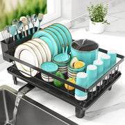 JD FRESH Dish Drying Rack with Drainer Tray | Steel Bartan Stand for Kitchen | Anti-Rust, Smart Drain Outlet | Detachable Cutlery Holder | Countertop Utensils Organizer | Black (42x32x13 CM)