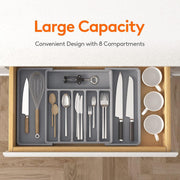JD FRESH Expandable Slider Drawer Organizer/Kitchen Cutlery Tray/Plastic Storage Tray Kitchen Organization/Adjustable Cutlery & BPA Free Flatware Holder for Spoons, Forks, Knives/Grey (Pack of 1)