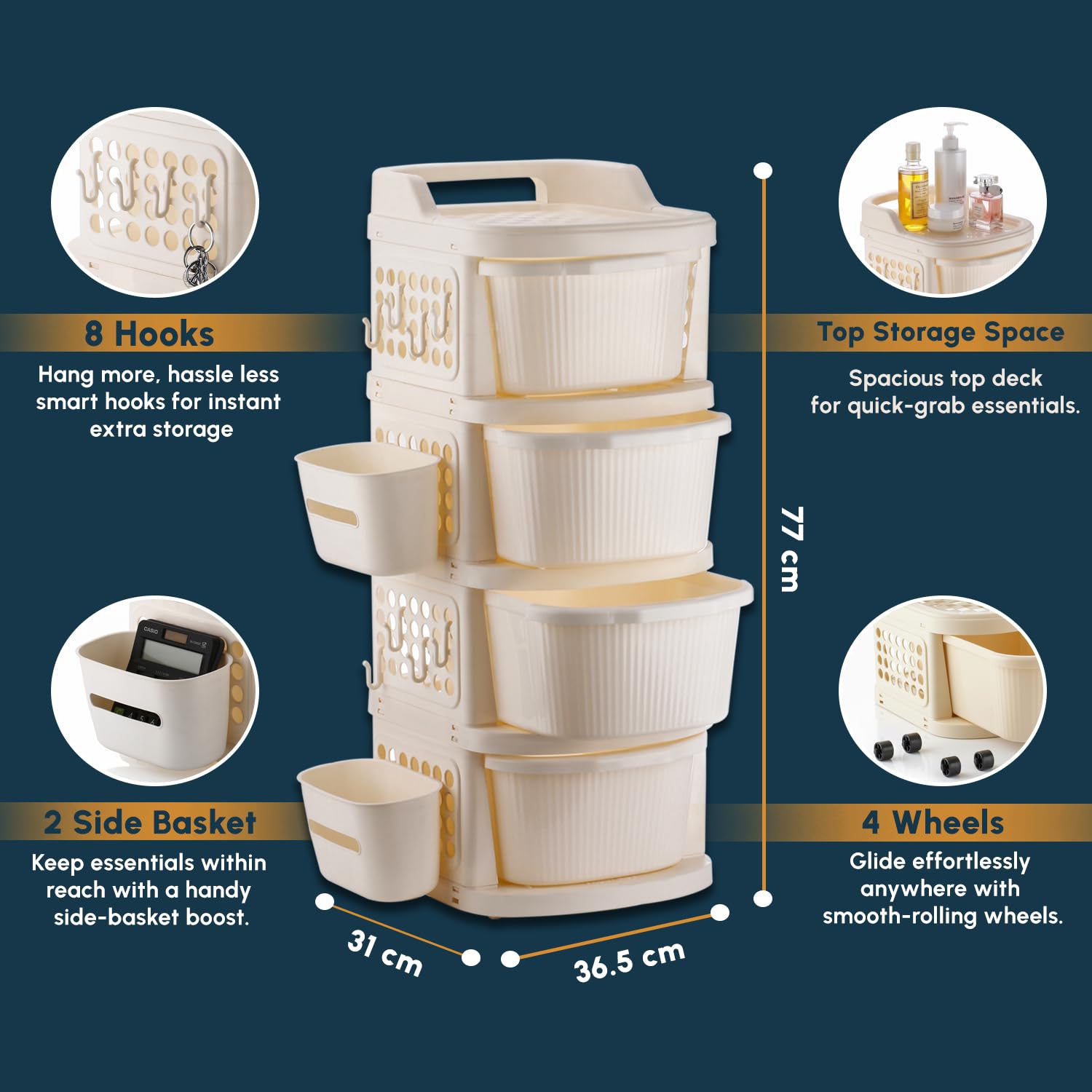 Homifly Plastic Storage Drawer Cabinet with Wheels/Modular Storage Organizer with Side Basket & Integrated Handle (Ivory)