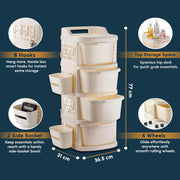 JD FRESH 4 Tier Plastic Storage Drawer Cabinet with Wheels/Modular Storage Drawer Organizer with Side Basket & Integrated Handle/Plastic Storage Trolley Rack for Home/Kitchen/Office/Books – (Ivory)