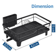 JD FRESH Dish Drying Rack with Drainer Tray | Steel Bartan Stand for Kitchen | Anti-Rust, Smart Drain Outlet | Detachable Cutlery Holder | Countertop Utensils Organizer | Black (42x32x13 CM)