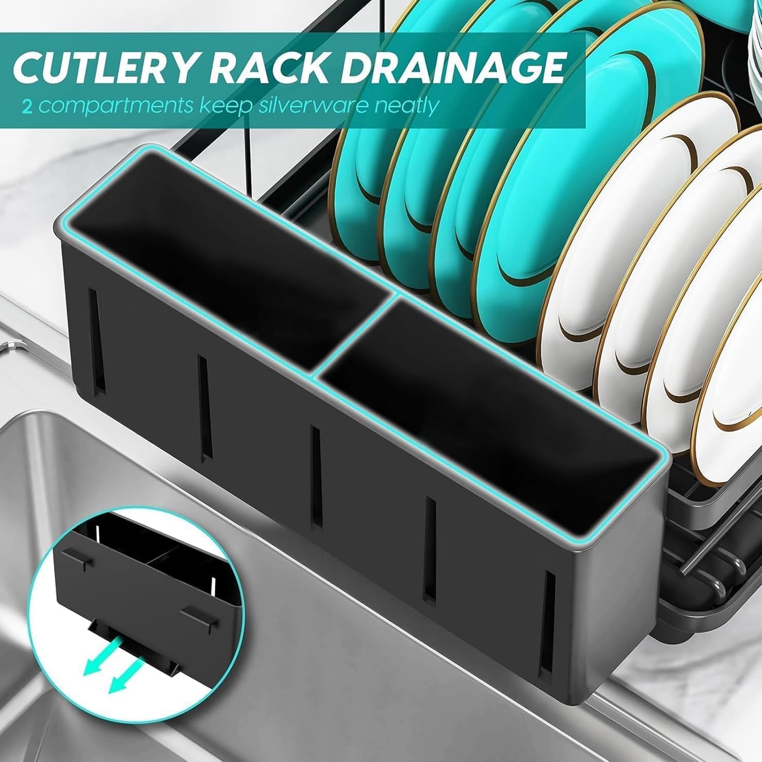Anti-Rust Dish Drying Rack with Cutlery Holder & Drainer Tray
