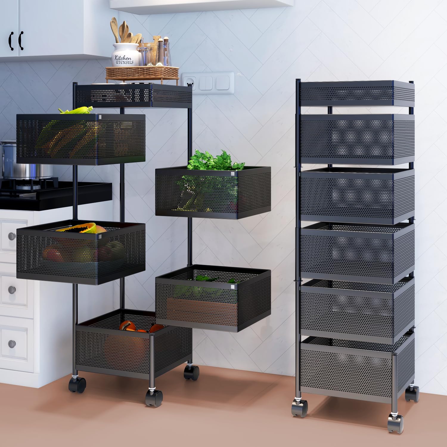 Homifly Metal Rotating Kitchen Trolley with 360-Degree Rotating Wheels/Vegetable Storage Stand