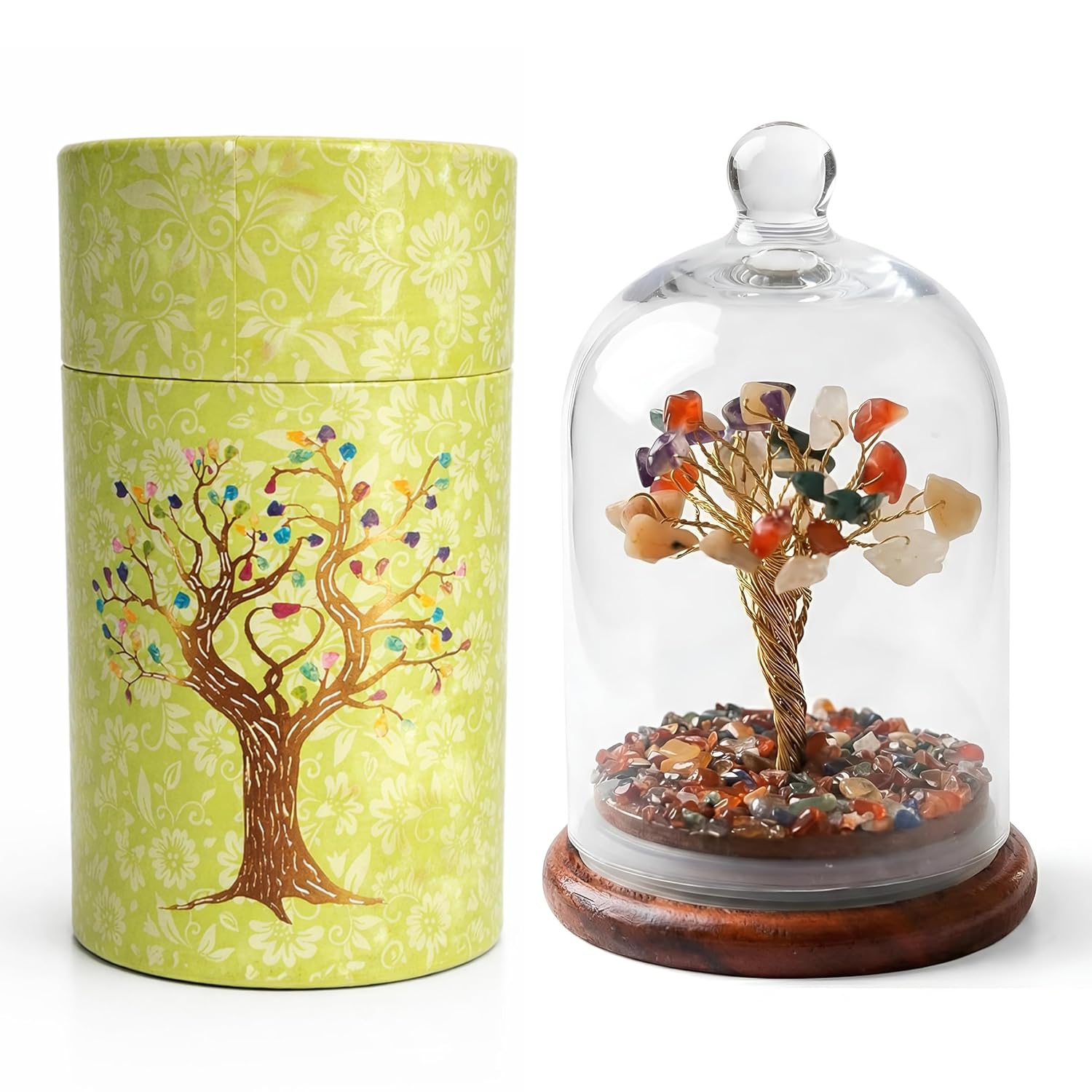 Homifly Original Certified Chakra Crystal Tree with Glass Dome|Natural Healing Gemstone Bonsai for Meditation/Wealth/Vaastu/Office/Desk/Decor Gifts